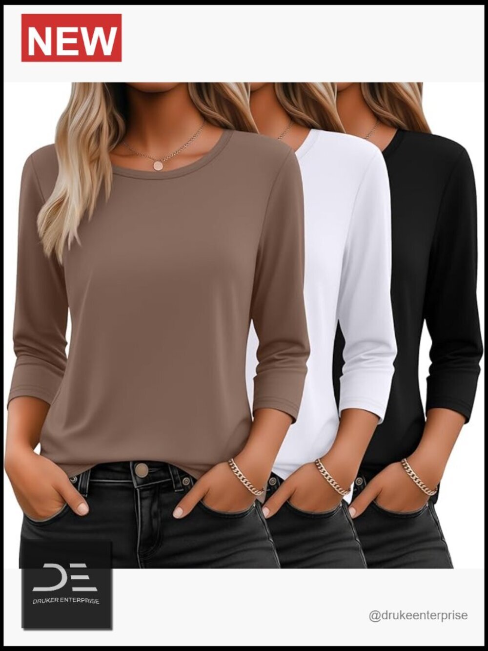 3-Pack 3/4 Sleeve Loose Fit T-Shirts for Women